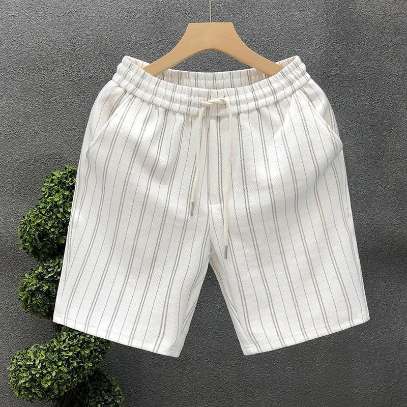 Men's black and white striped casual shorts with fleece lining, straight-leg cut, and ankle banding, shown in size M with waist 51cm