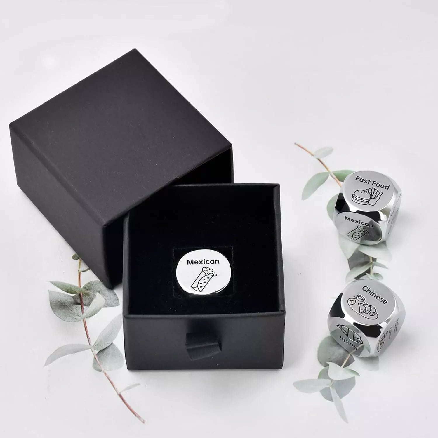 Stainless steel decision dice for couples date night games, silver color, 1.6cm