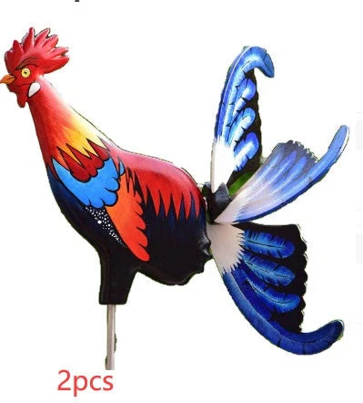 Handmade rooster windmill garden statue with vibrant colors and waterproof design