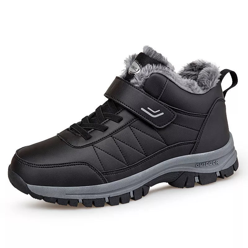 Men's high-top fleece-lined winter hiking shoes in black, gray, and red