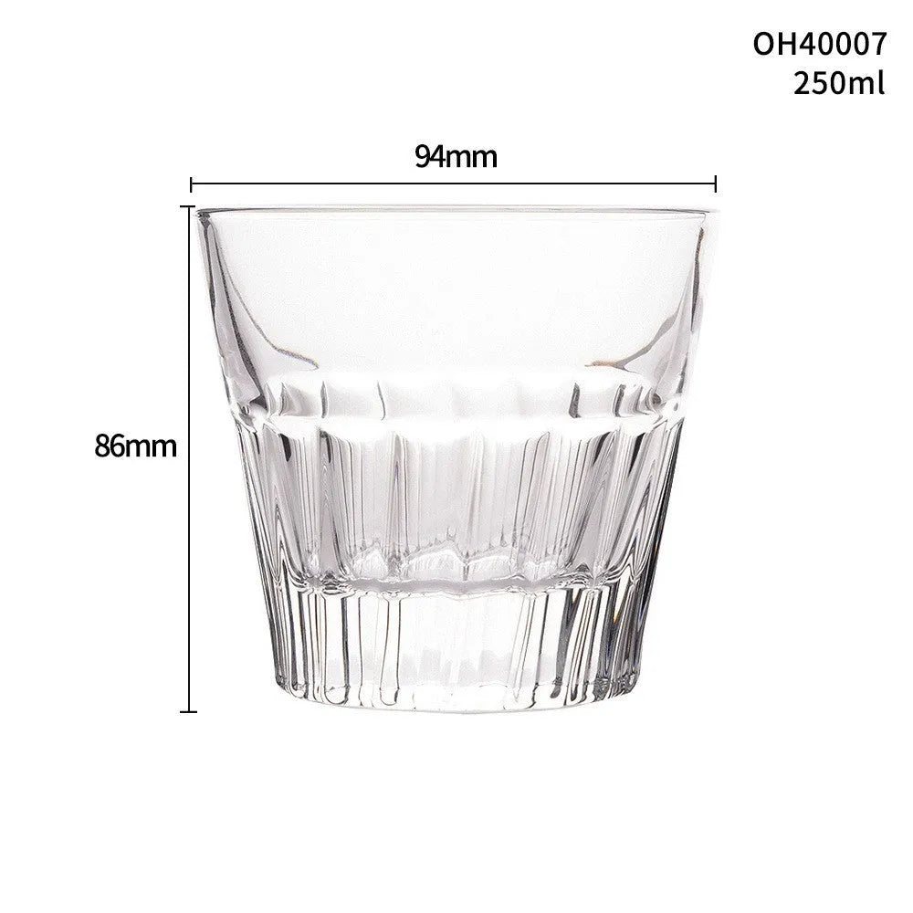 Whiskey shot glass with thick bottom, crystal clear, 350ml capacity, on wooden table