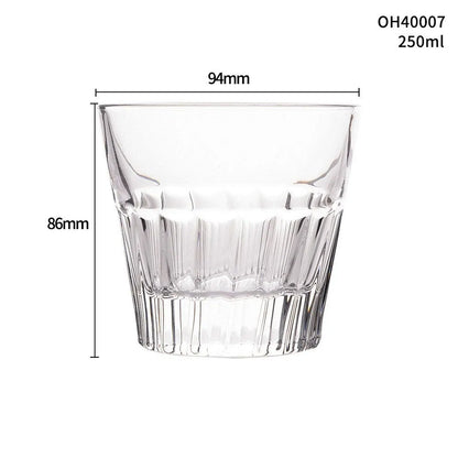 Whiskey shot glass with thick bottom, crystal clear, 350ml capacity, on wooden table