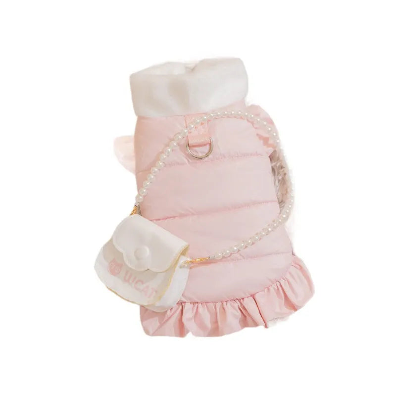 Small dog wearing blue princess skirt pet clothes with D-ring leash attachment, autumn winter fleece