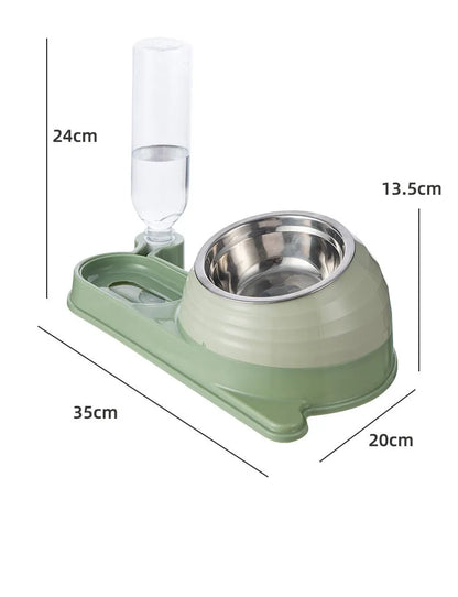 Brown elevated cat bowl set with attached water bottle and two spill-proof food and water dishes.