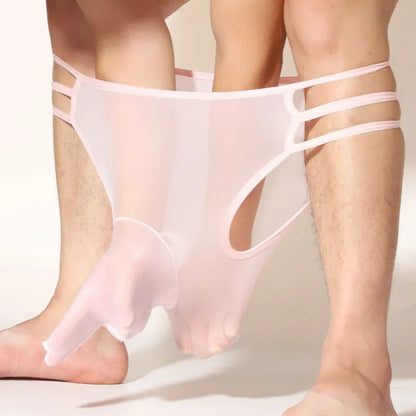 Men's transparent nylon elephant nose shorts in multiple colours on a white background.