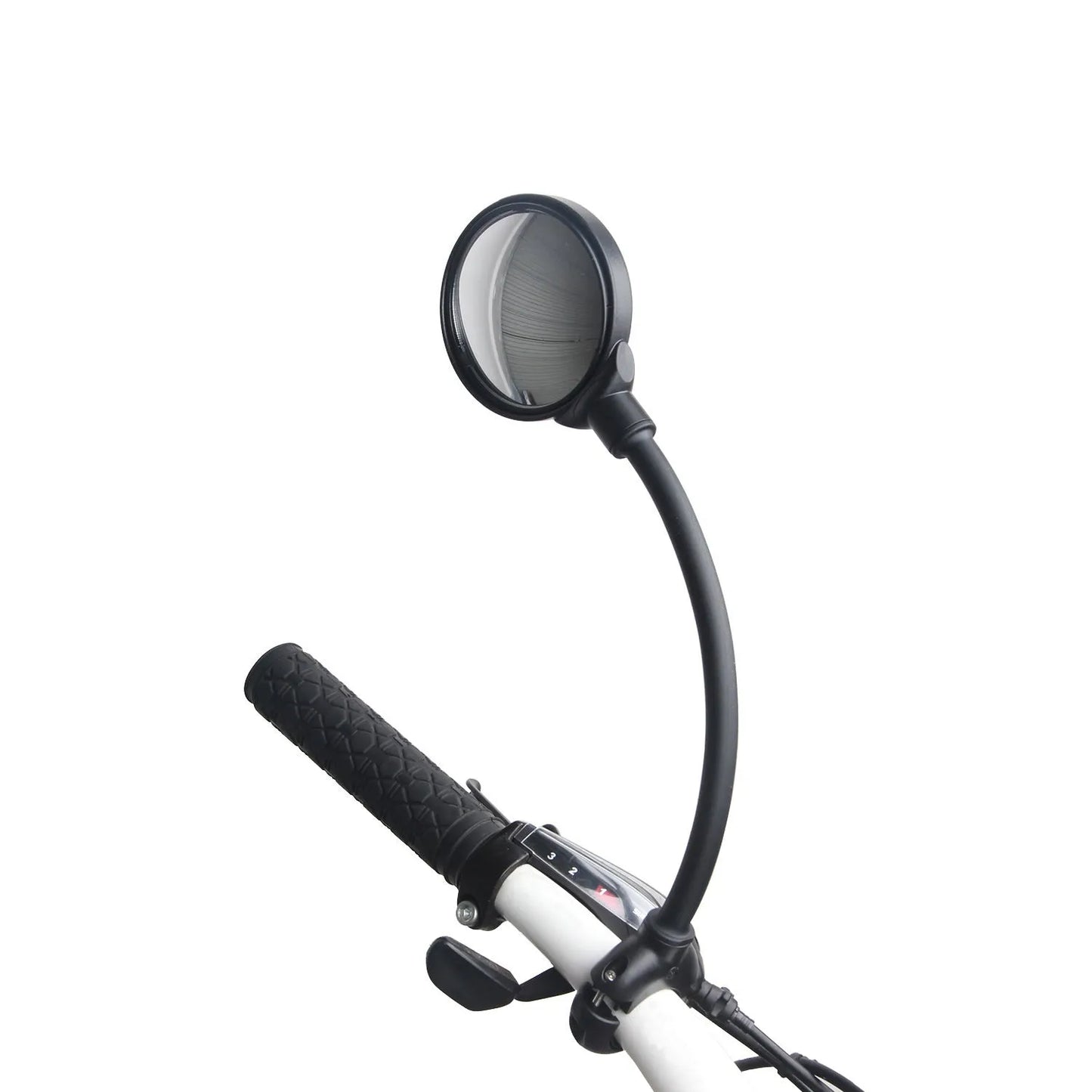 Black metal bicycle rearview mirror with hose clamp adjustment mounted on helmet, two-pack configuration