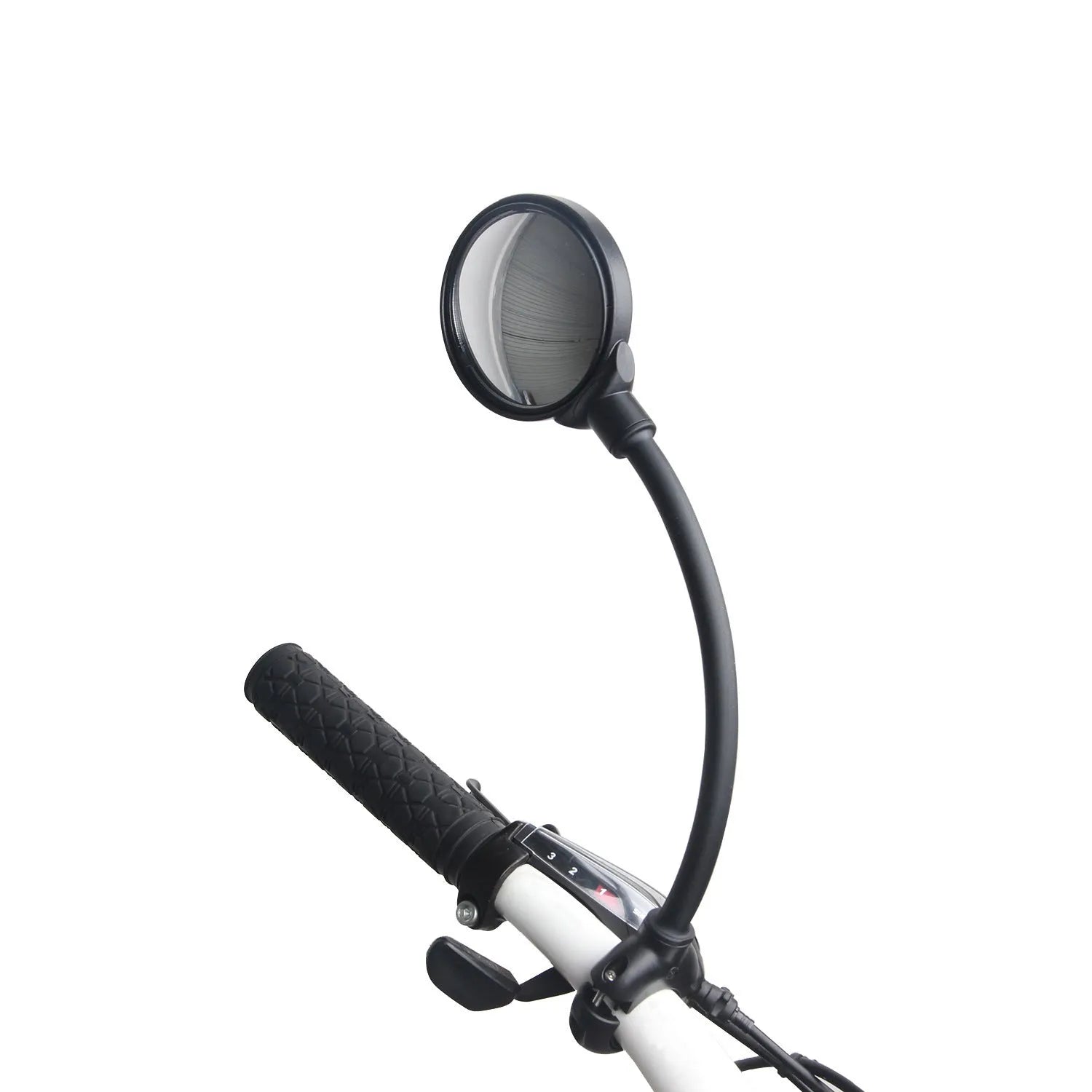 Black metal bicycle rearview mirror with hose clamp adjustment mounted on helmet, two-pack configuration