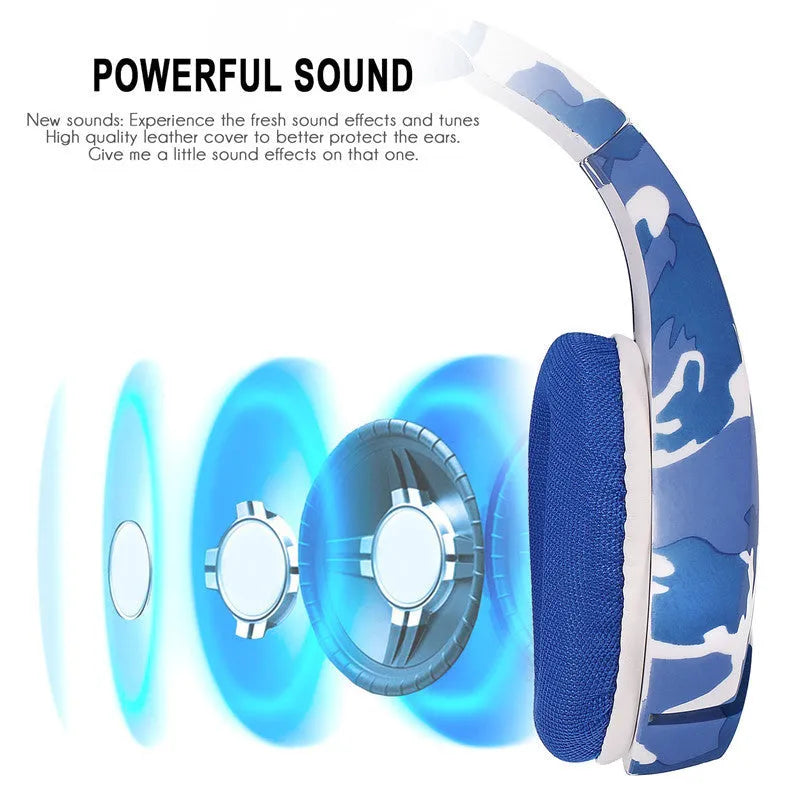 Blue and white camouflage wired gaming headset with cloth earmuffs and a braided cable.