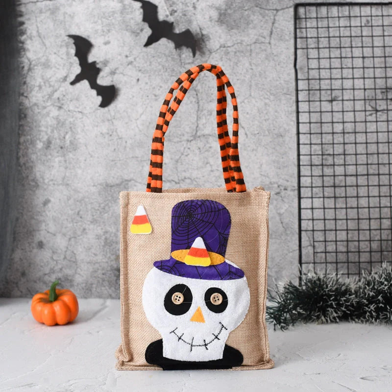 Funny Halloween Candy Tote Bag for Kids featuring witch, skull, and pumpkin designs