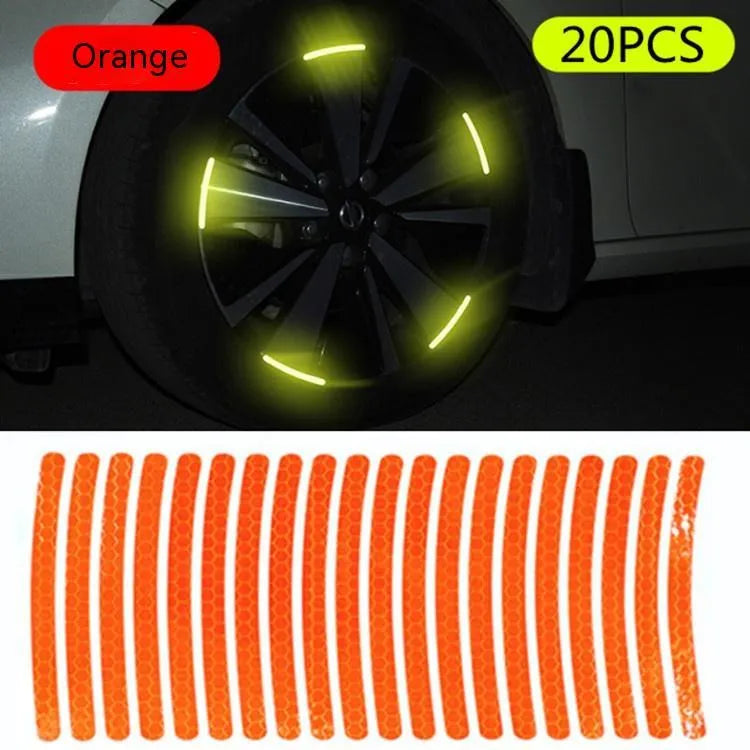 20-piece car wheel hub reflective stickers in multiple colours including fluorescent, rainbow and standard options