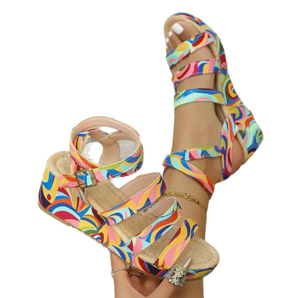 Women's buckle strap wedge sandals with fish mouth toe opening and a lightweight PU upper.