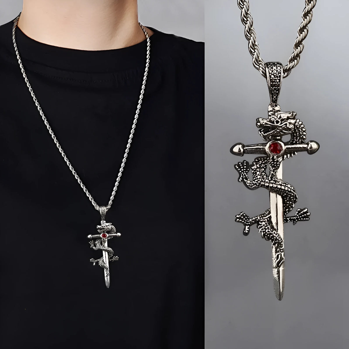 Dragon sword pendant necklace with black electroplated alloy charm and 60cm titanium steel hemp flower chain