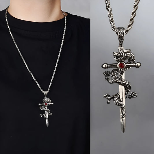 Dragon sword pendant necklace with black electroplated alloy charm and 60cm titanium steel hemp flower chain