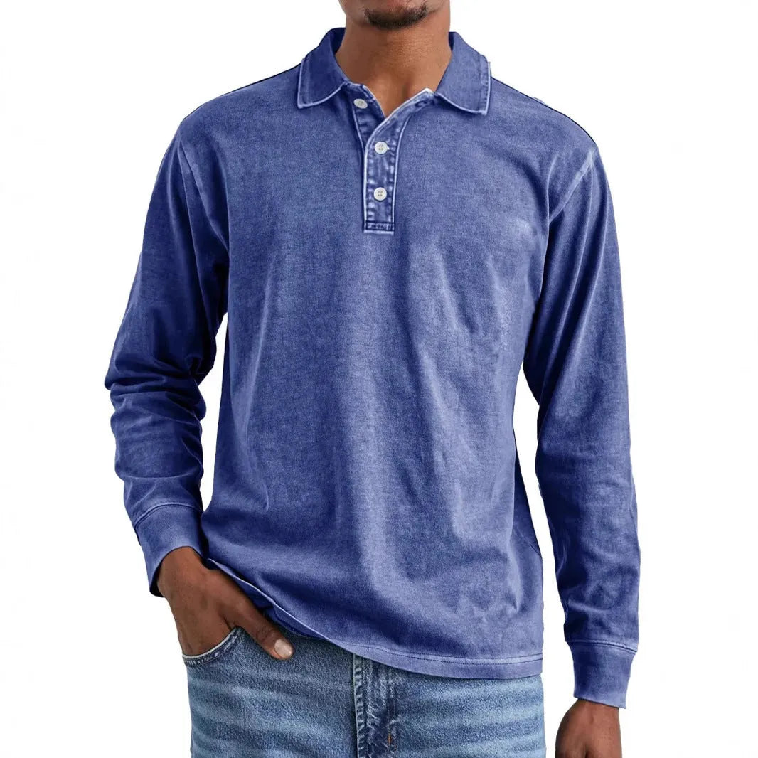 Retro washed distressed cotton lapel long sleeve polo shirt in various colours and sizes