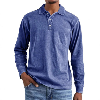 Retro washed distressed cotton lapel long sleeve polo shirt in various colours and sizes