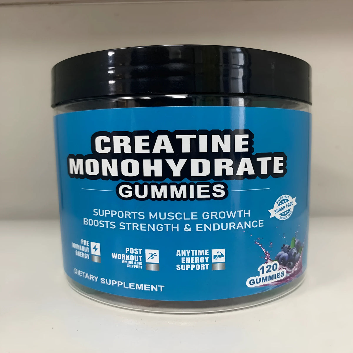 Bottle of raspberry-flavoured creatine monohydrate gummies containing 120 tablets