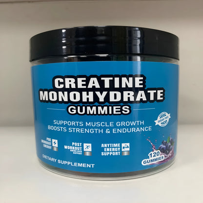 Bottle of raspberry-flavoured creatine monohydrate gummies containing 120 tablets