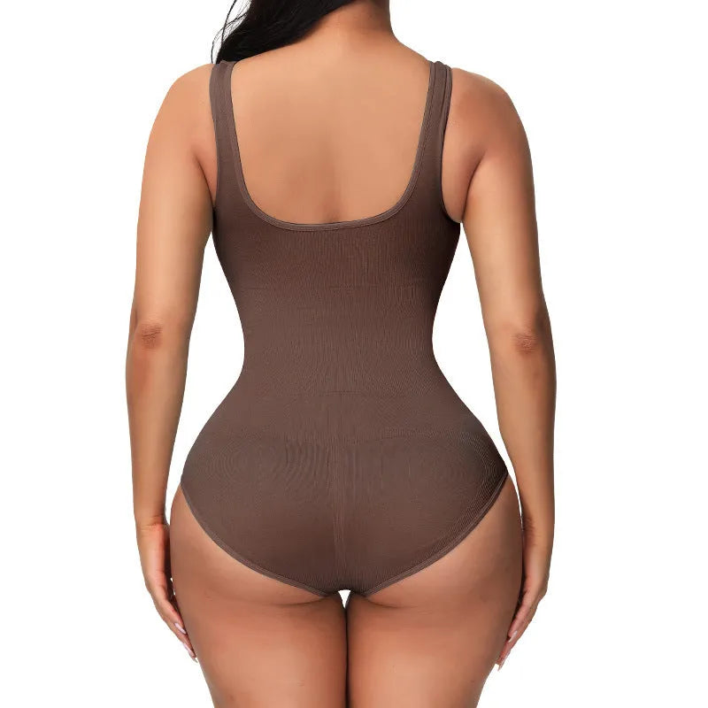 Women's seamless one-piece nylon bodysuit for waist support and body sculpting, shown in apricot colour.