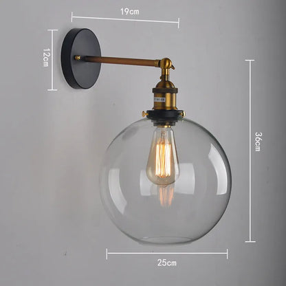 20cm round ball glass wall lamp with aluminium holder in amber, smoke grey, or transparent options