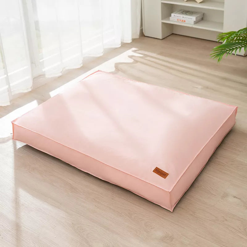 Waterproof dog bed with memory cloth and non-slip bottom in high-grade gray, kaki brown, and lovely pink