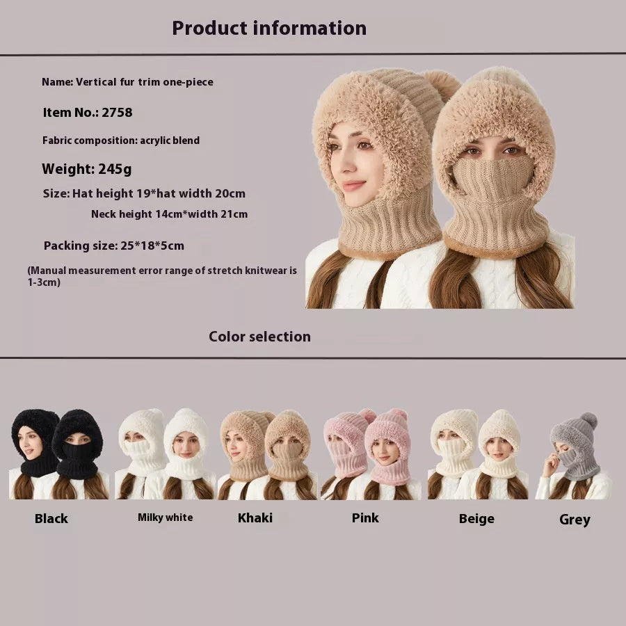 High elastic solid color knitted hat scarf mask one-piece for women in six colors