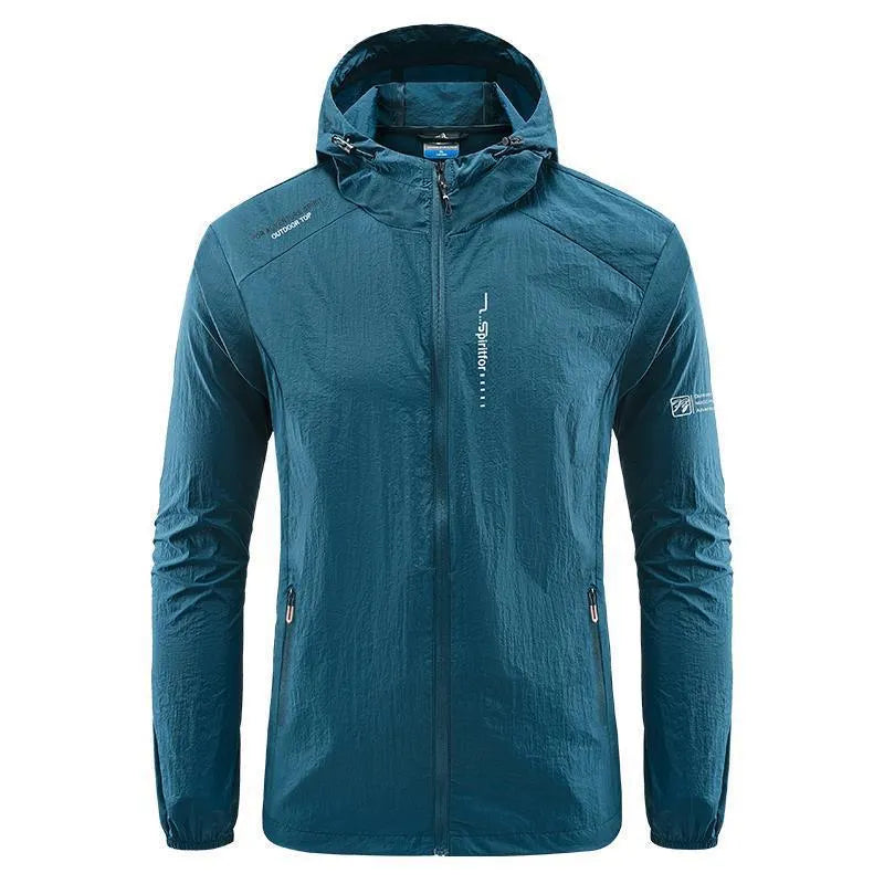 Light grey men's hooded nylon summer jacket on a hanger, loose fit.