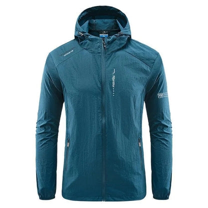 Light grey men's hooded nylon summer jacket on a hanger, loose fit.