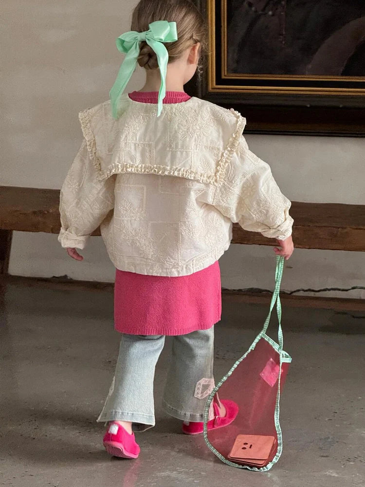 Vintage elastic lace bow bell-bottom pants for children with adjustable hair band belt and 100% cotton denim