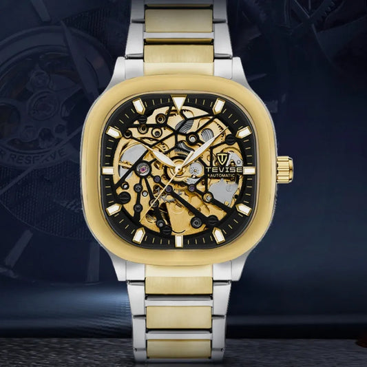 Men's square hollow automatic watch with luminous hands, stainless steel strap, and water resistance