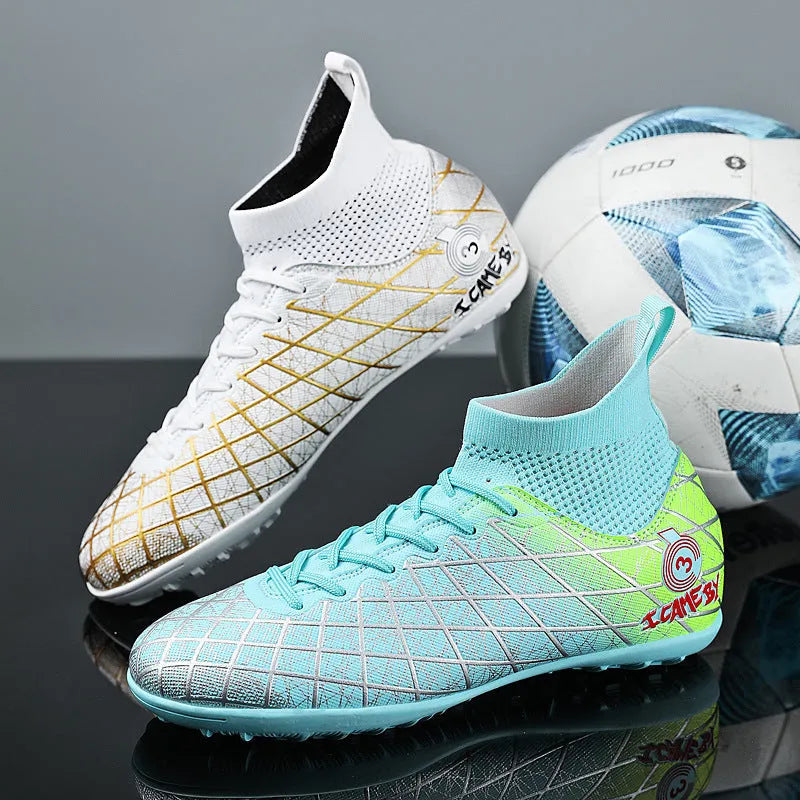 Pair of football boots with rubber studded sole, tall crown upper and front laces, for natural lawn and artificial grass