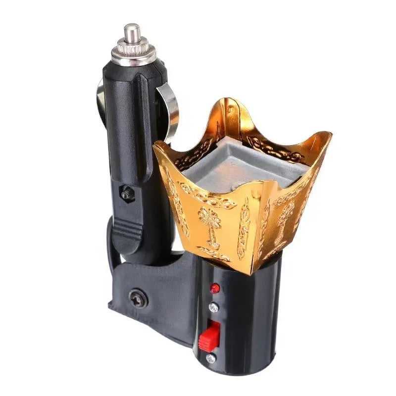 Electroplated iron car incense burner with plug-in adapter in antique blue, gold, red copper, or silver finish
