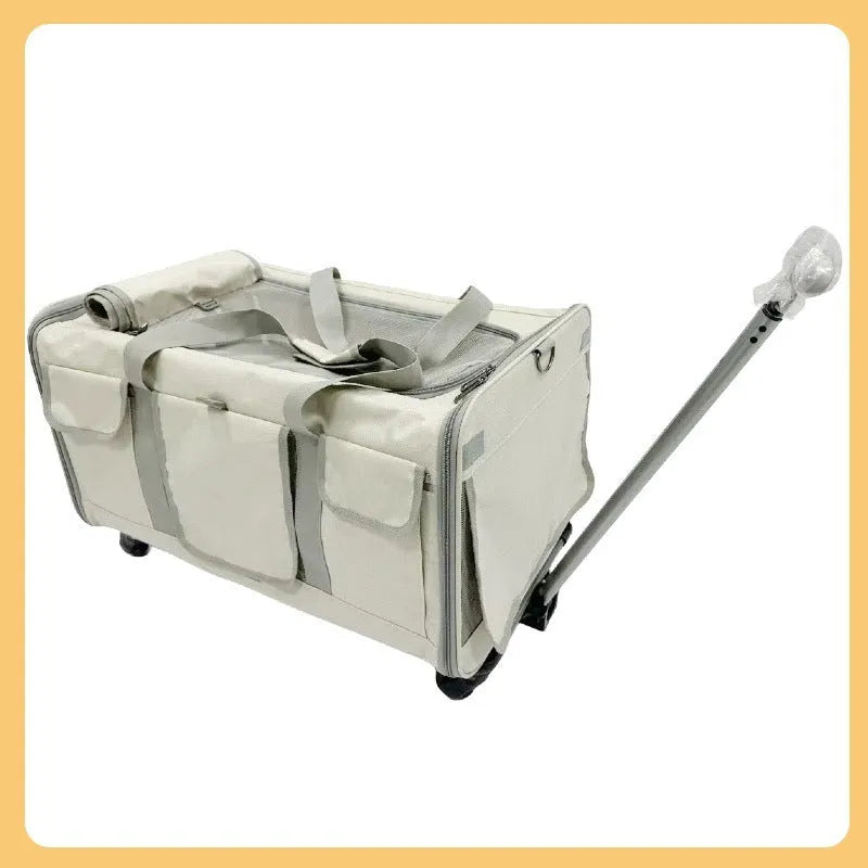 Foldable Oxford fabric pet trolley bag, 17.50kg load rating, shown in solid beige, blue, dark grey, grey and pink