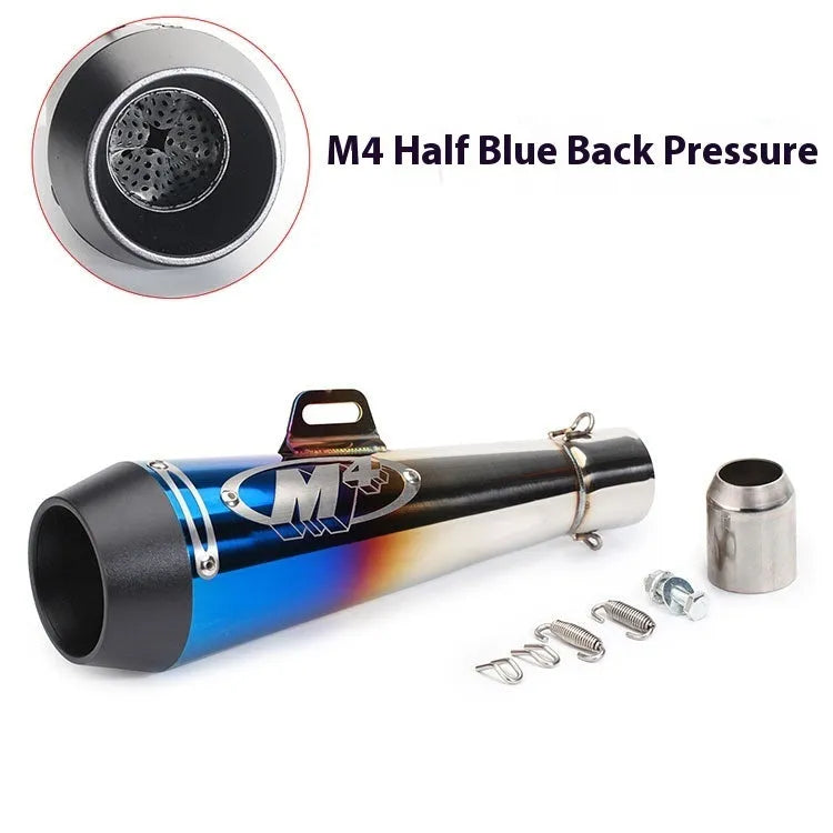 Universal M4 motorcycle exhaust pipe in various finishes including black, titanium, and half blue with back pressure options