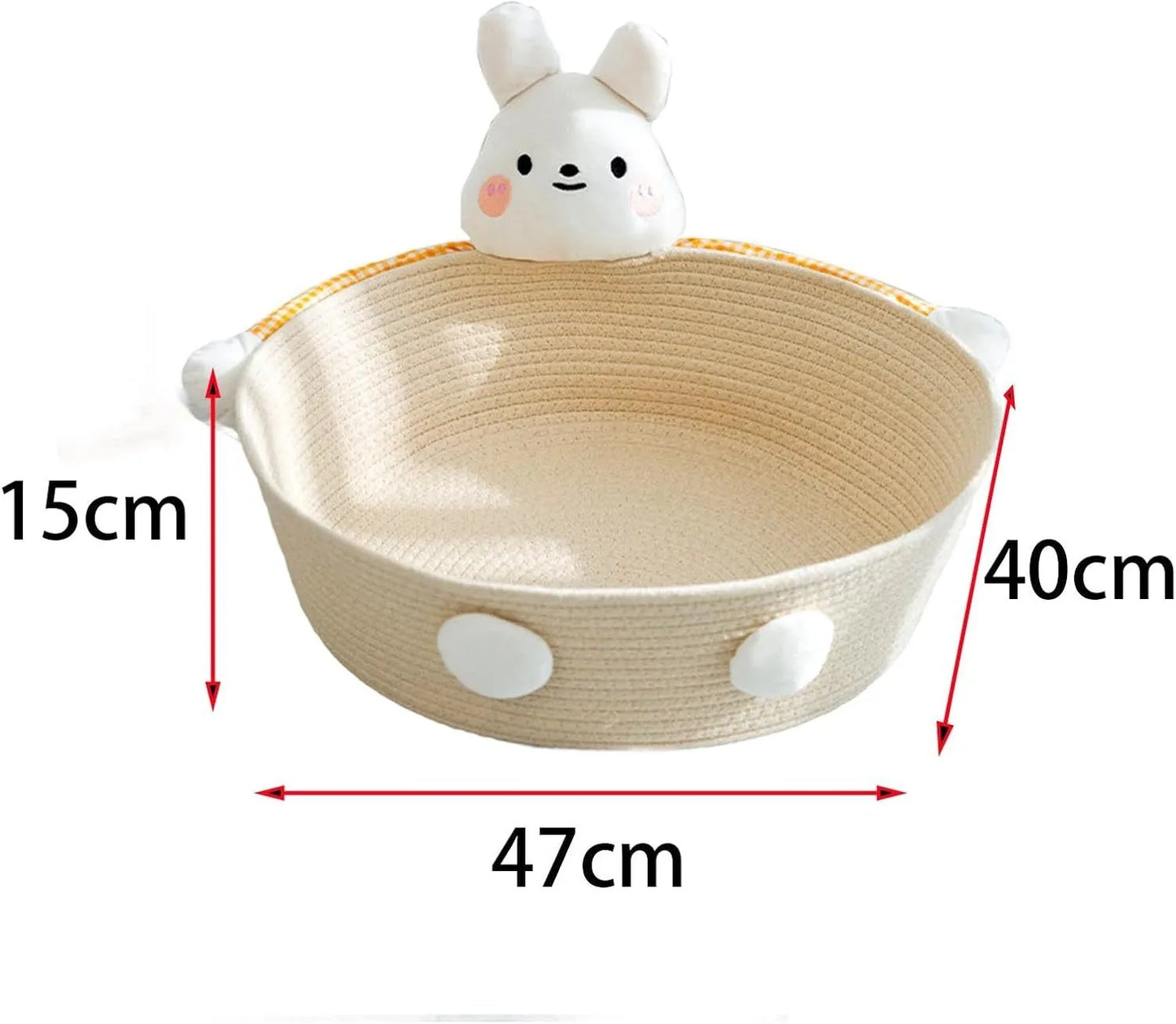 Woven cotton rope basket serving as a pet bed and integrated scratch board for cats, shown in a beige colour.