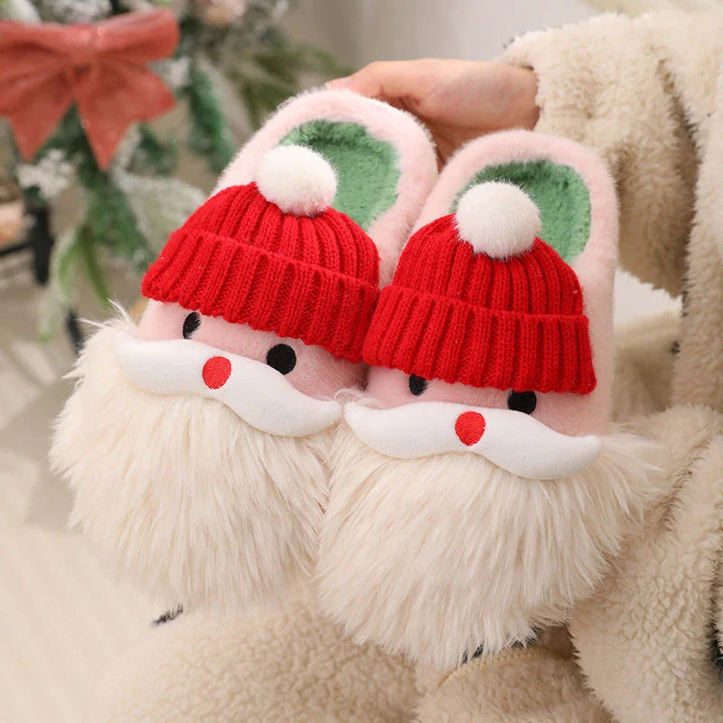 Cozy Santa Claus-themed Christmas slippers with plush upper and non-slip EVA sole for indoor comfort and traction