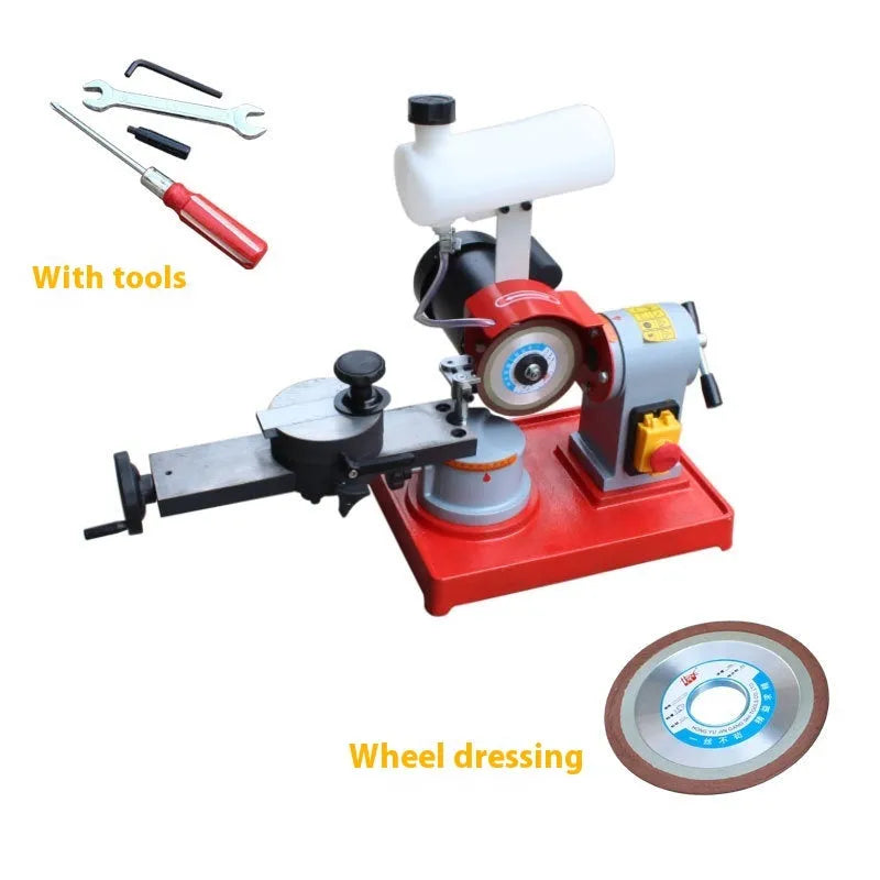 Small manual sharpening machine for alloy circular saw blades on a workshop bench.