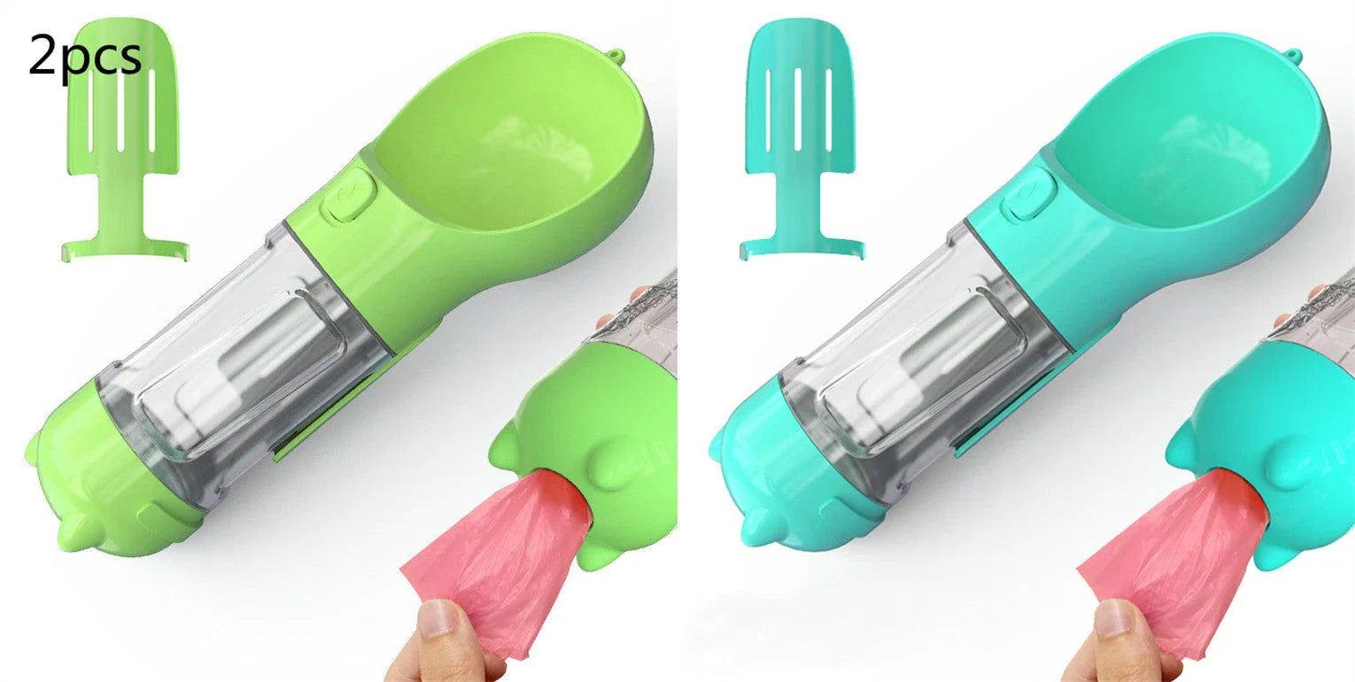 Multi-functional pet water bottle with food bowl and waste bag storage