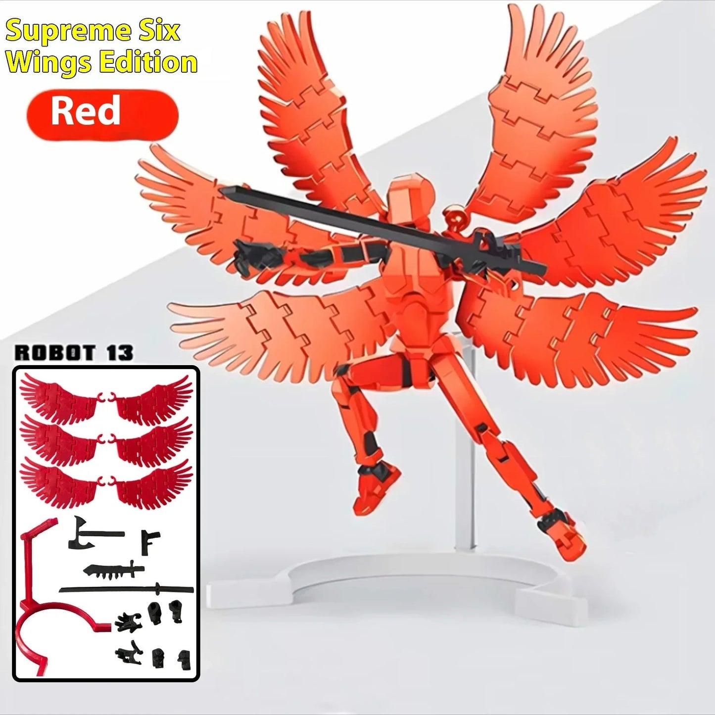 Highly posable 3D printed robot mannequin toy with interchangeable accessories, including wings and weapons