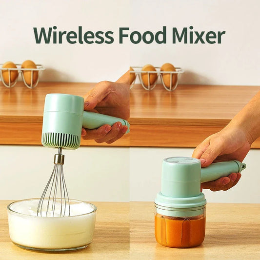 Cordless Electric Hand Mixer with 3-speed settings, rechargeable design, and whisk and egg beater attachments for baking