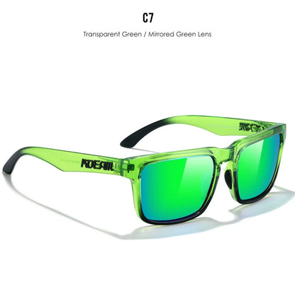 Square polarised sunglasses with TAC lenses and a PC frame, shown in one of 12 available colour options.