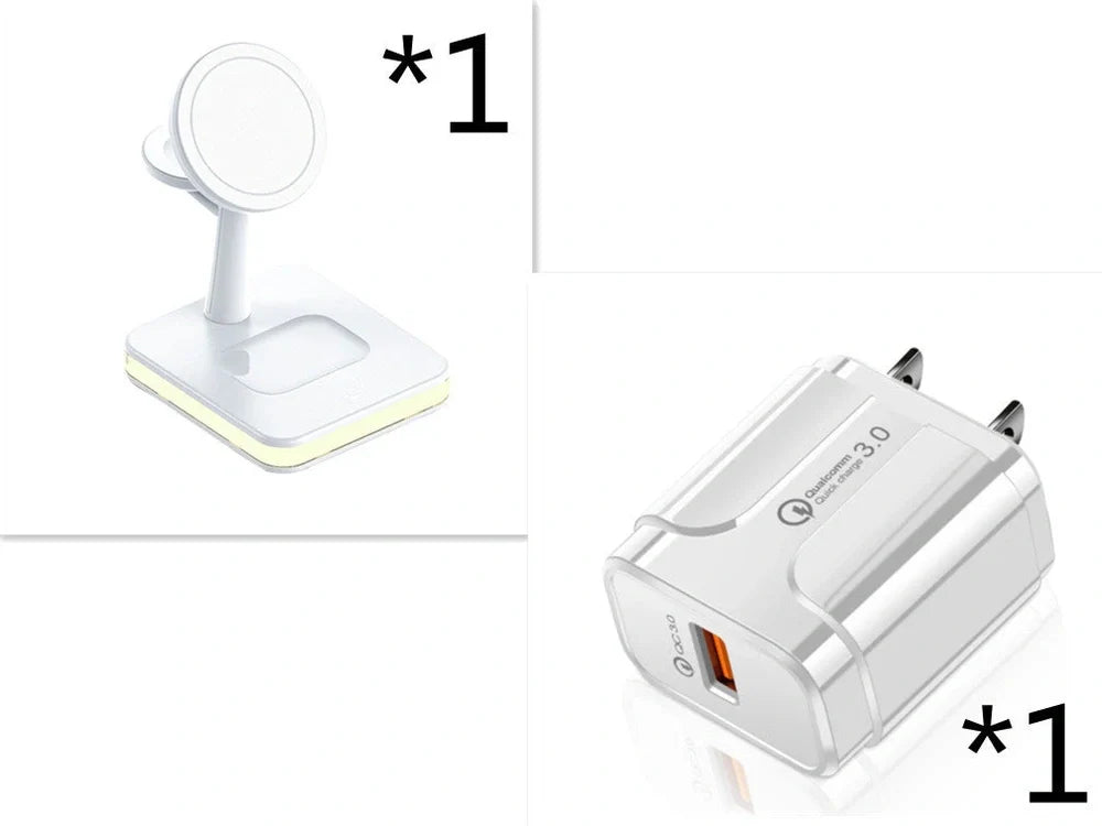 Black three-in-one wireless charger magnetic bracket on a desk charging multiple devices