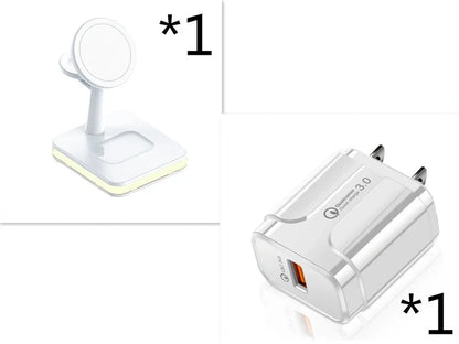 Black three-in-one wireless charger magnetic bracket on a desk charging multiple devices