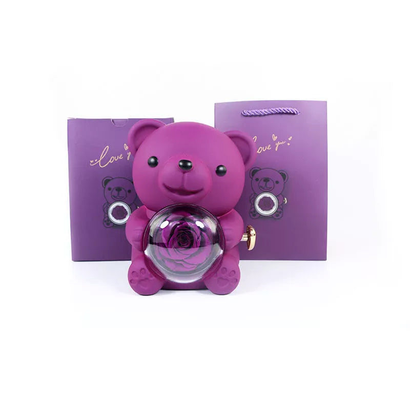 Eternal Rose Teddy Bear Jewelry Box with rotating drawer and preserved rose