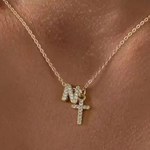 A-Z zircon inlaid letter necklace on a copper regular chain with electroplated finish