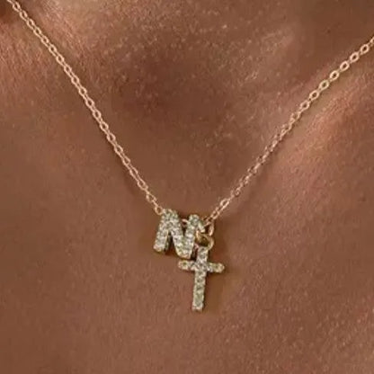 A-Z zircon inlaid letter necklace on a copper regular chain with electroplated finish