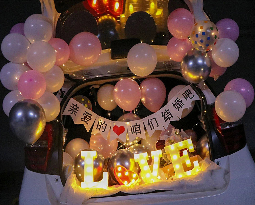 Romantic car trunk proposal decoration kit with balloons, lights, and proposal accessories