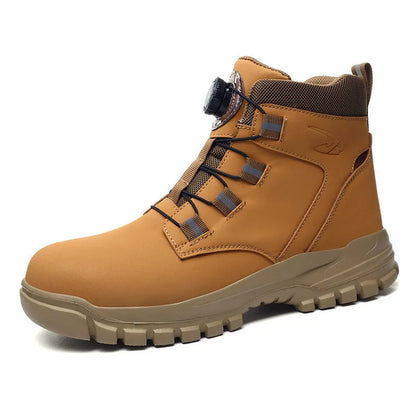 Black lightweight labour protection shoes with leather upper and rubber sole, showing anti-smash and anti-puncture design.