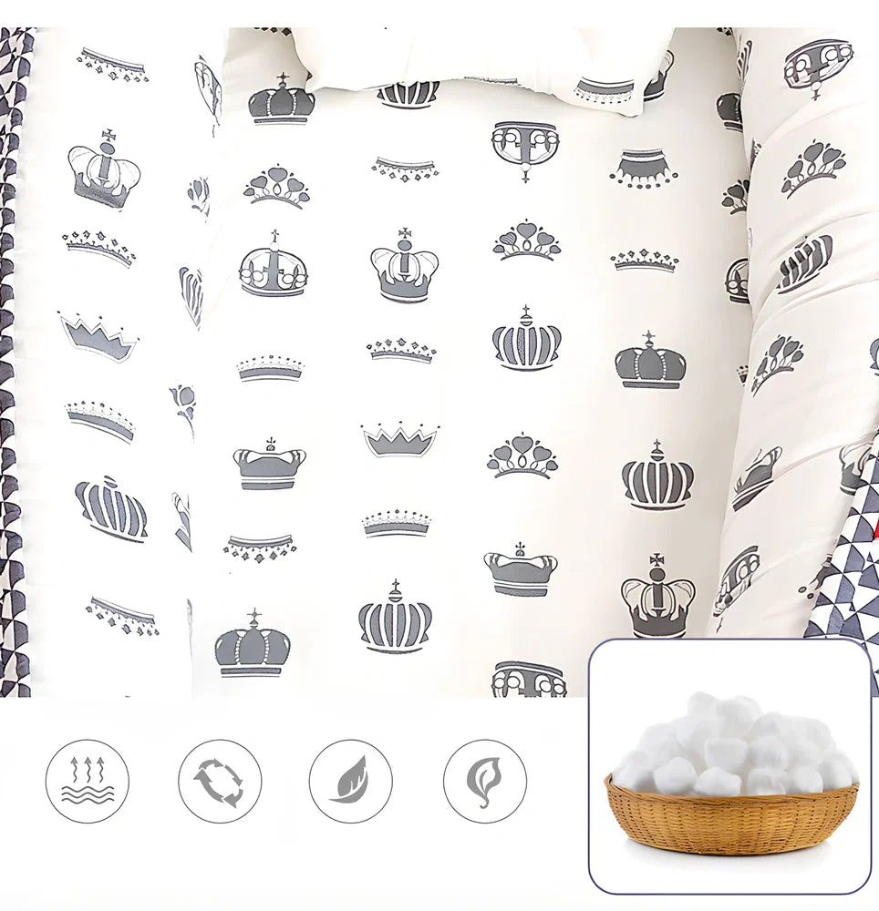 Portable foldable baby bed measuring 85x45cm with cartoon pattern, shown in green elk design