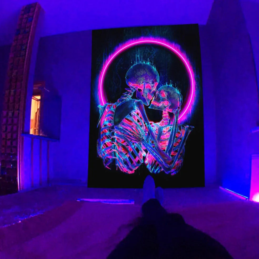 Fluorescent tapestry with psychedelic mushroom pattern glowing under UV light, measuring 150x130cm