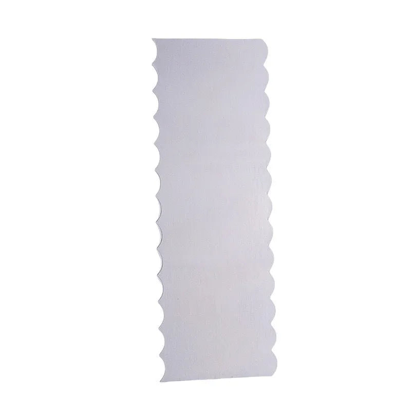 Stainless steel cream scraper with polygon patterns for cake decorating showing six different texture options
